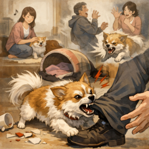 飼い主には大人しく見えるが、他人に対して恐怖から警戒し追い詰められて噛もうとする犬のイラスト