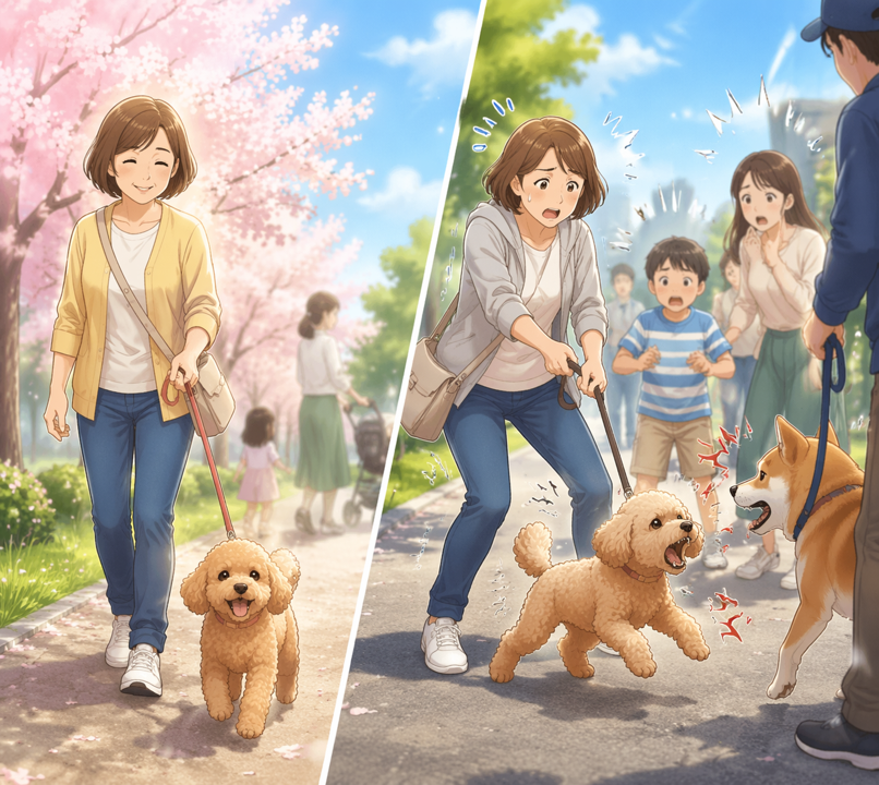 春の公園で外出中、落ち着いて歩く犬と興奮して吠える犬の対比シーン