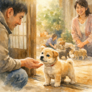 来客に落ち着いて挨拶する子犬と、安心して見守る飼い主、奥で遊びながら社会性を学ぶ子犬たちの温かいイラスト