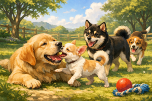 犬同士が遊びながら噛み加減を学び、社会性を育てている様子