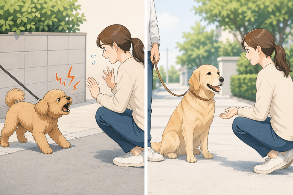 知らない人に吠える犬と落ち着いて接する犬の違いを表した対比イラスト（犬の社会性の違い）