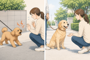 知らない人に吠える犬と落ち着いて接する犬の違いを表した対比イラスト（犬の社会性の違い）