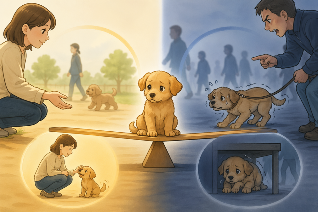 「慣れさせる」と「怖がらせる」の違いを表現した、安心する犬と不安そうな犬を対比したイラスト