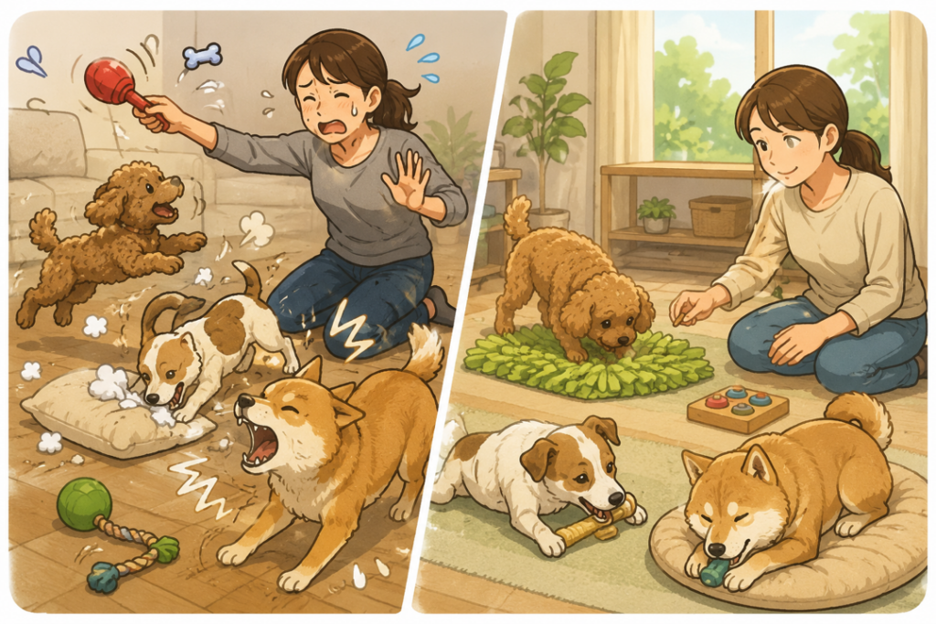 犬の遊ばせ方の違いで興奮する犬と落ち着く犬を比較したイラスト