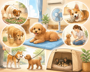 暑い夏に室内で嗅覚遊びや噛むおもちゃ、飼い主との遊びを楽しみながら社会性を育む犬たちのイラスト