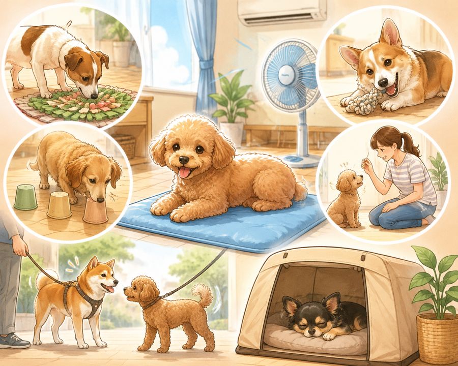 暑い夏に室内で嗅覚遊びや噛むおもちゃ、飼い主との遊びを楽しみながら社会性を育む犬たちのイラスト
