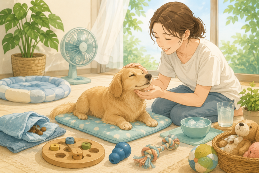 暑い季節に室内で飼い主と穏やかに過ごし、心のケアを受ける犬のイラスト