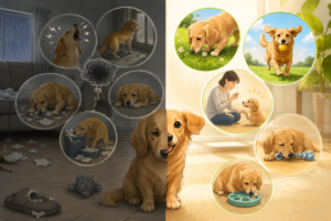 **代替テキスト** > 発散不足で不安やストレスを感じる犬と、遊びや嗅覚遊びで心が満たされ落ち着いて過ごす犬の様子を描いたイラスト。